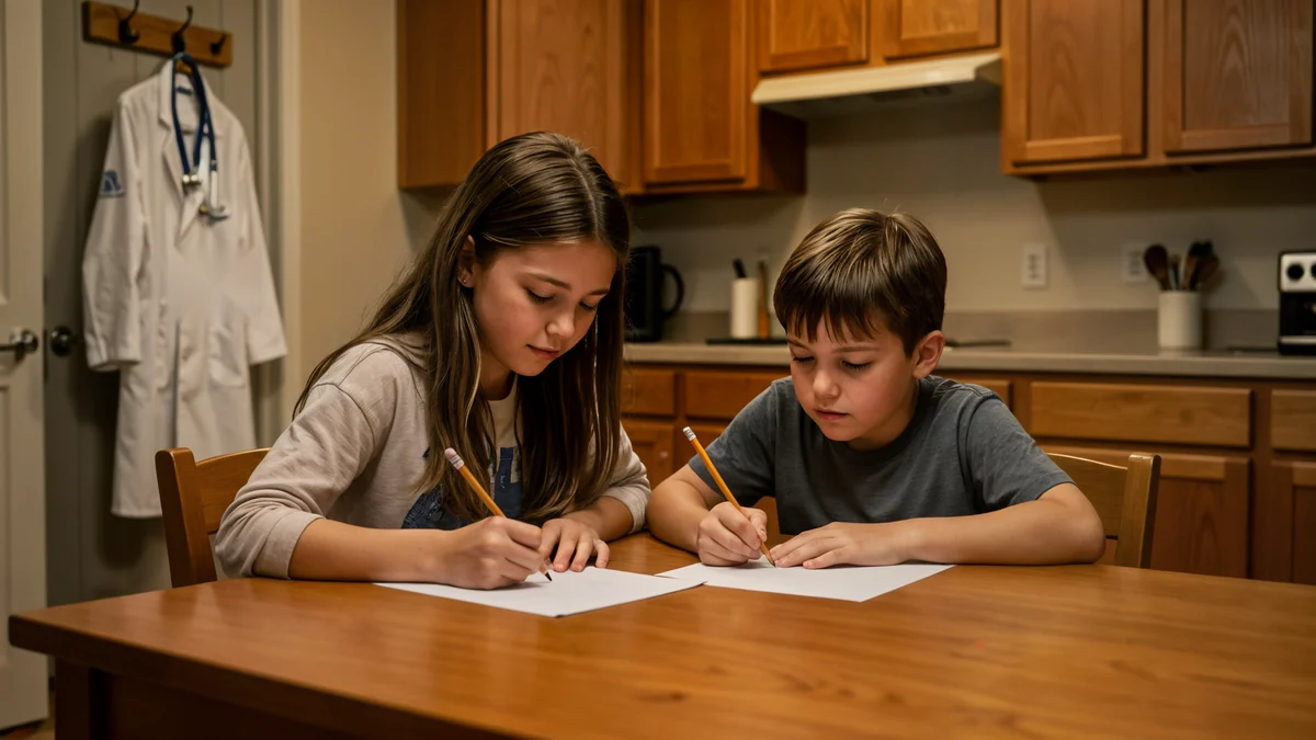 A physician's children continuing homework beside an unused white coat